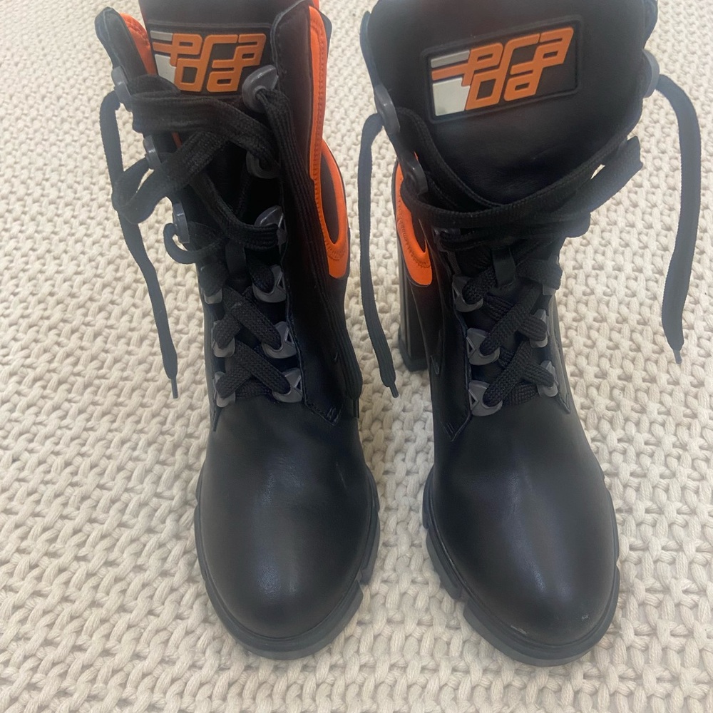 Prada Black and Orange Heeled Boots